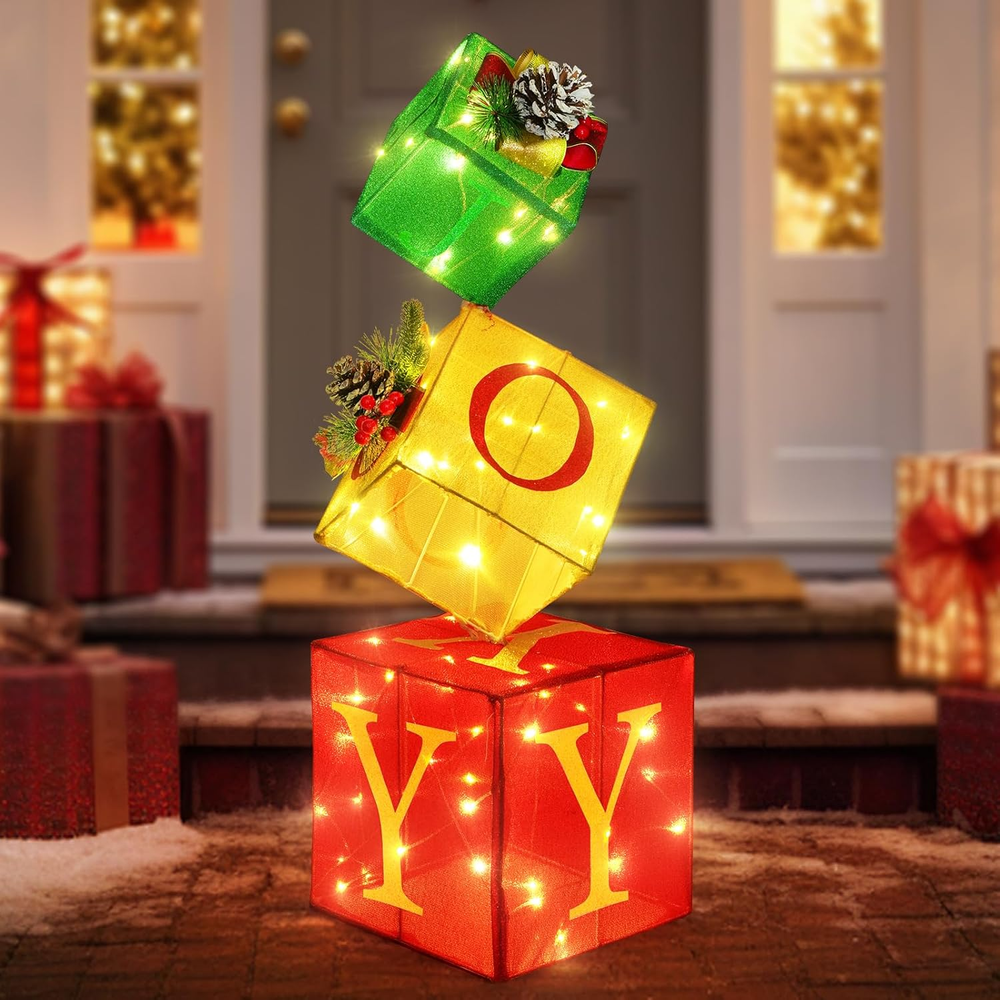 Christmas Joy Lighted Gift Boxes Decorations Set of 3, 2.8Ft Stackable Christmas