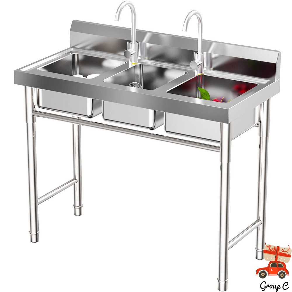 3-Compartment Stainless Steel Kitchen Prep Sink for Catering and Washing