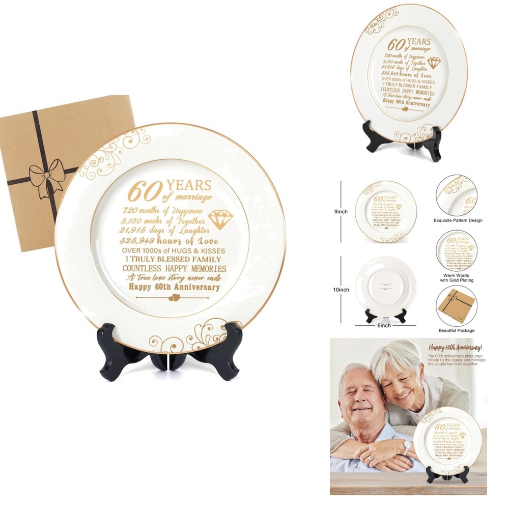 Ceramic 60th Anniversary Plate with Gold Foil Elegant Home Decor Gift