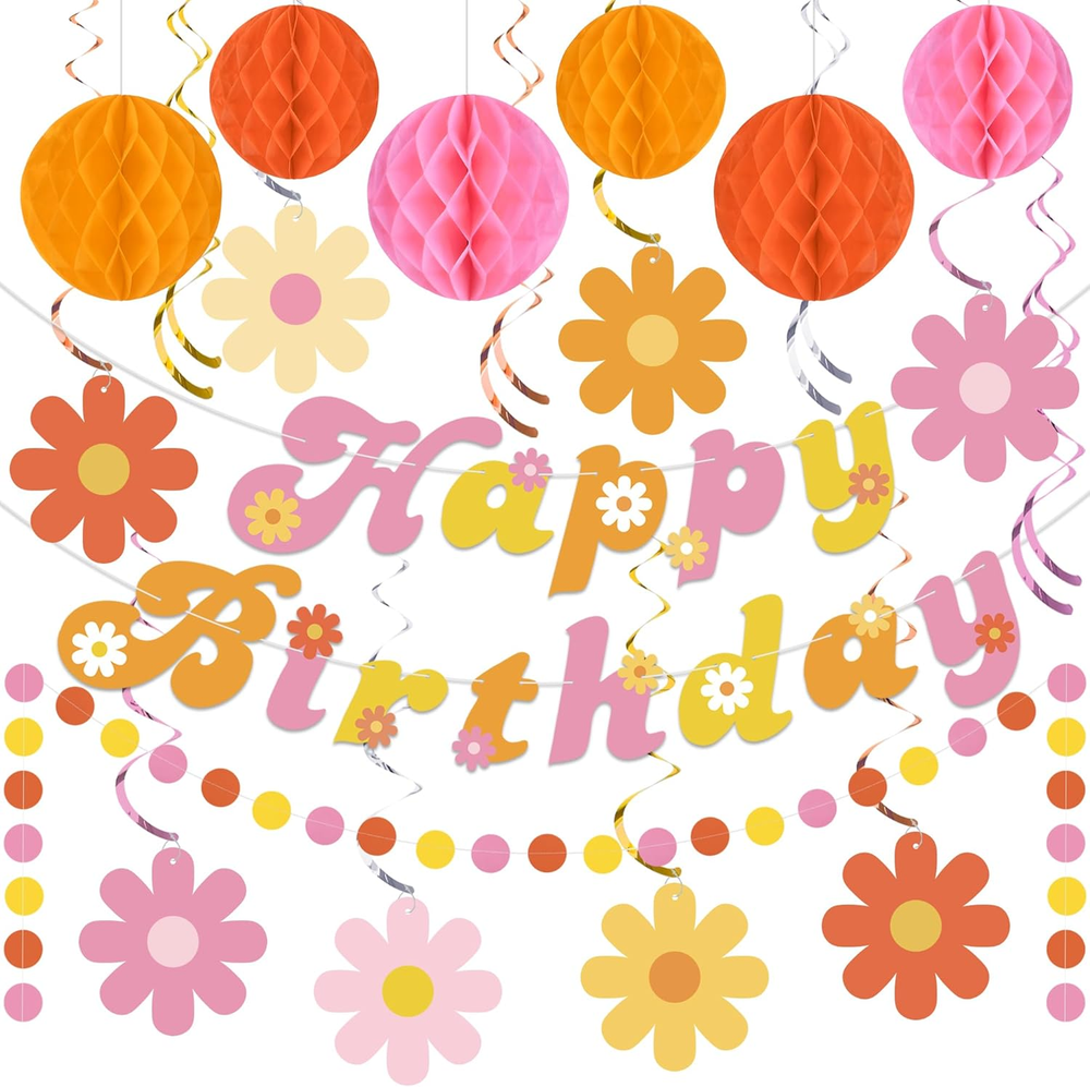 Daisy Groovy Party Decoration Boho Happy Birthday Banner Hanging Swirls and Hone