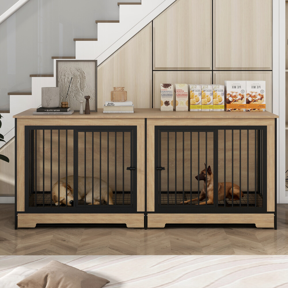 XL Double Dog Crate Furniture – Wooden 2-Room Kennel with Tray for Large Dogs-image