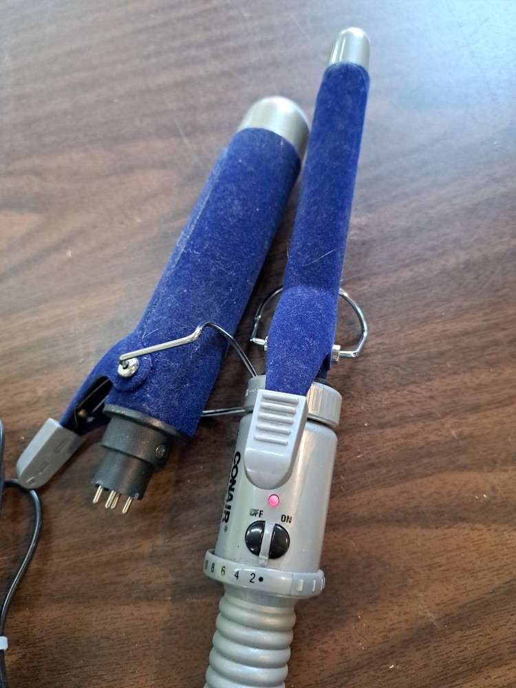 Vtg CONAIR Instant Heat Blue Flocked Curling Iron Velvet 2 Size Barrels Tested!