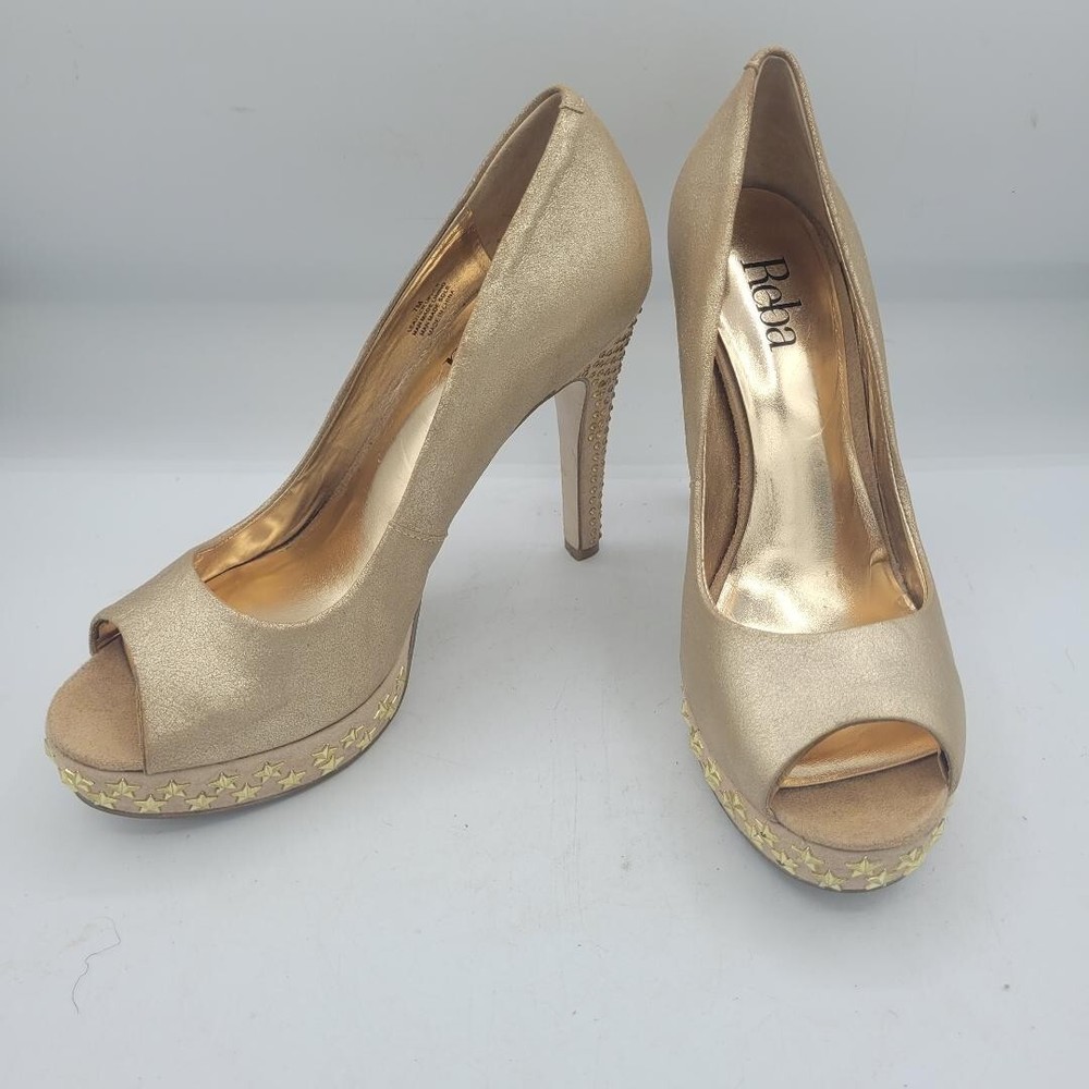 REBA Chucky Gold Corrina Peep Toe Heels with Stars Size 7M