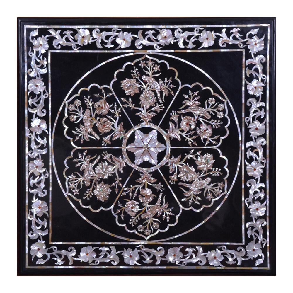 Black Marble Inlay Floral Mosaic Tabletop Cyber Monday Special  -image