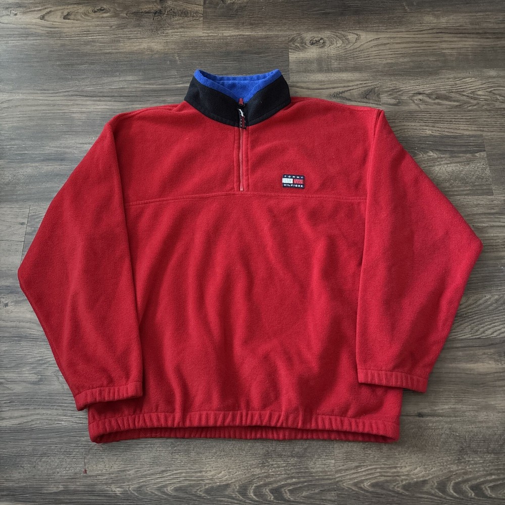 Vintage Tommy Hilfiger Red Fleece Sweater Men's XL 1/4 Zip with Pockets