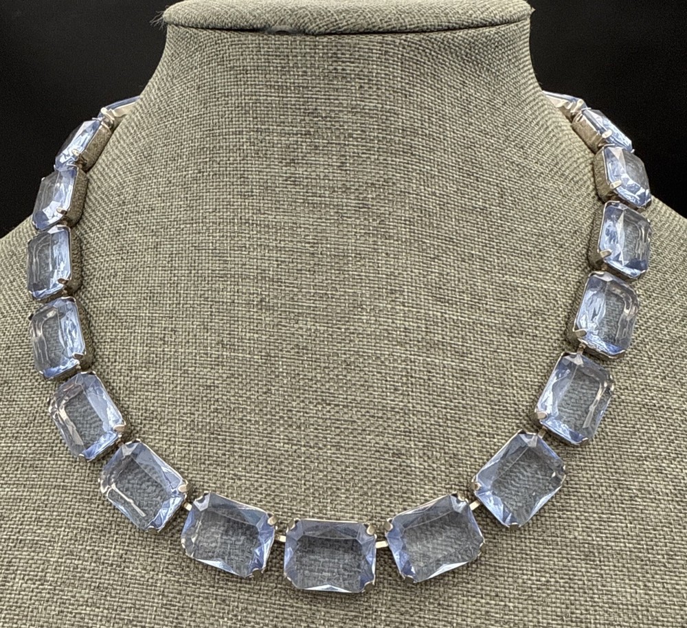 Silver Tone Periwinkle Rhinestone Necklace 18.5 Inch with Rectangular Stones