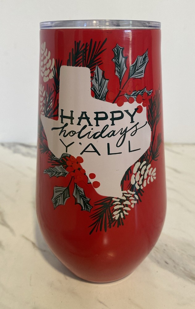 Texas Christmas Red Tumbler Wine & Travel Cup 16 oz w/Lid Happy Holidays Y’all