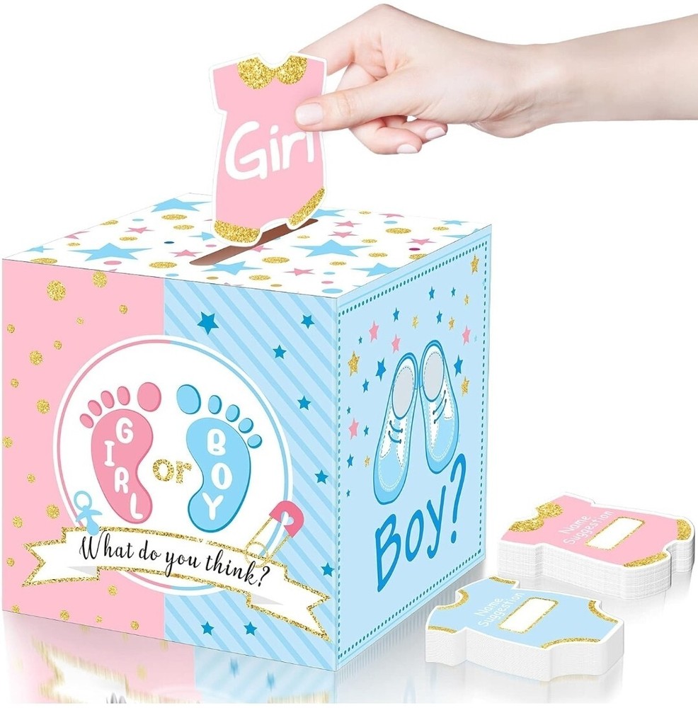 Baby Gender Reveal Voting Box with 50 Pieces Ballot Cards (Pink, Blue)