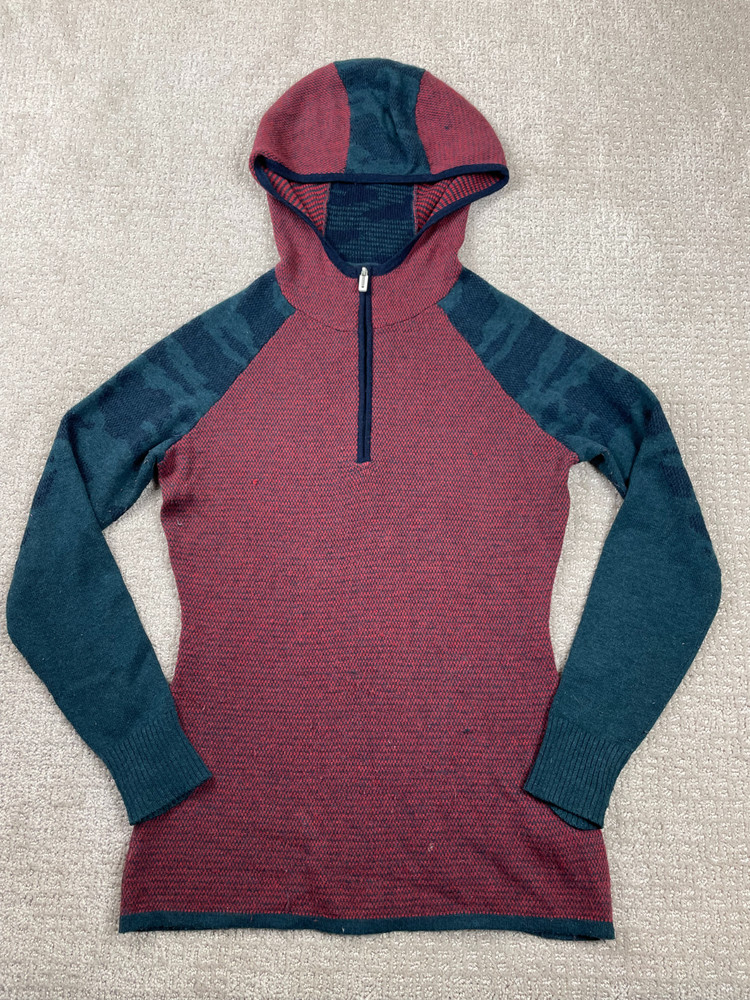 Smartwool Hoodie Womens Small Red Dancono 1/4 Zip Wool Blend Pullover Striped