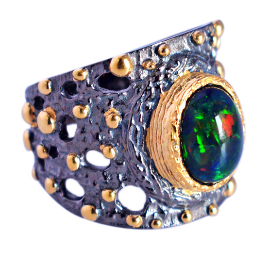 925 Sterling Silver Gemstone Black Opal Ring Gold Plated Jewelry CYBER MONDAY-image