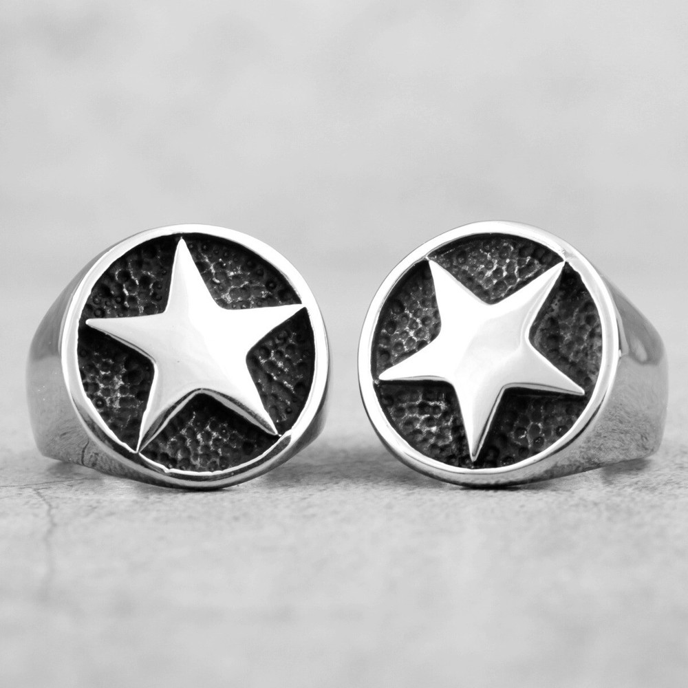 Stainless Steel Lucky Pentagon Stars Men Ring Talisman Good Lucky Vintage Simple