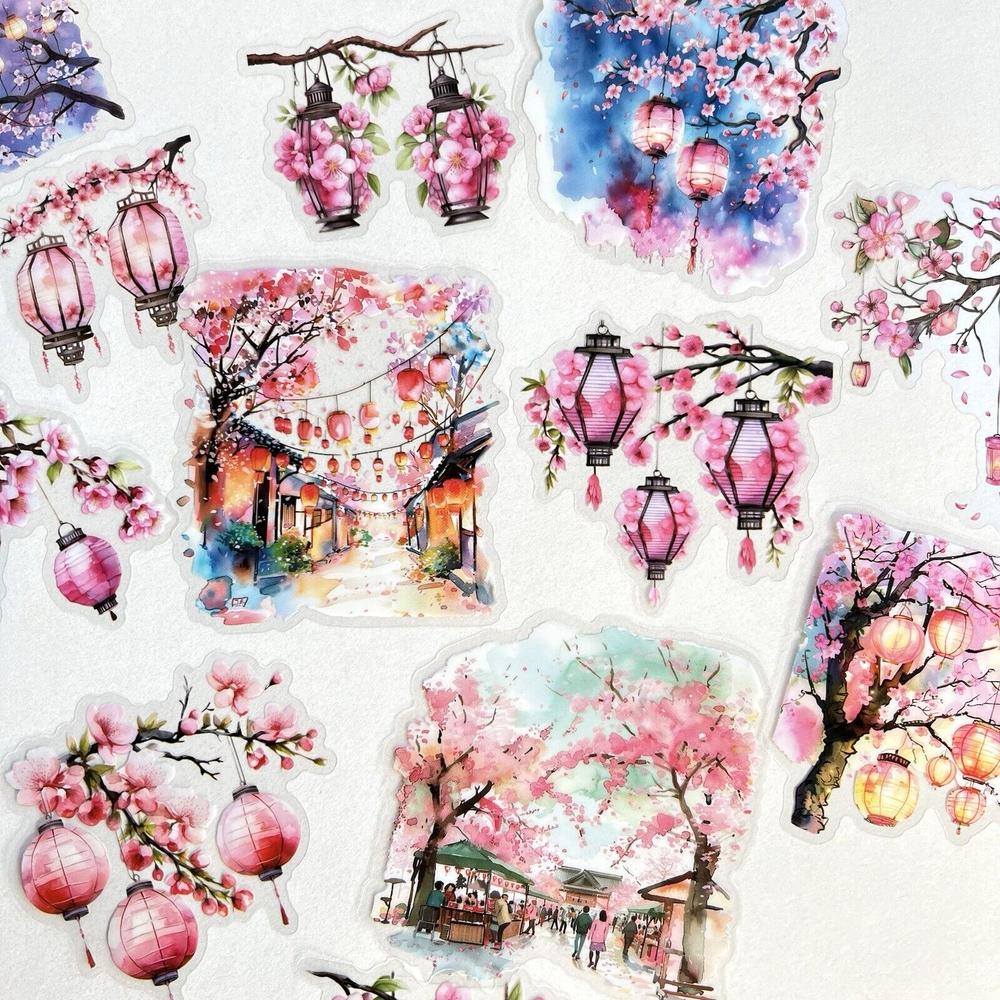 Cherry Blossom Paper Lantern Stickers Pink Spring Junk Journal Collage Scrapbook