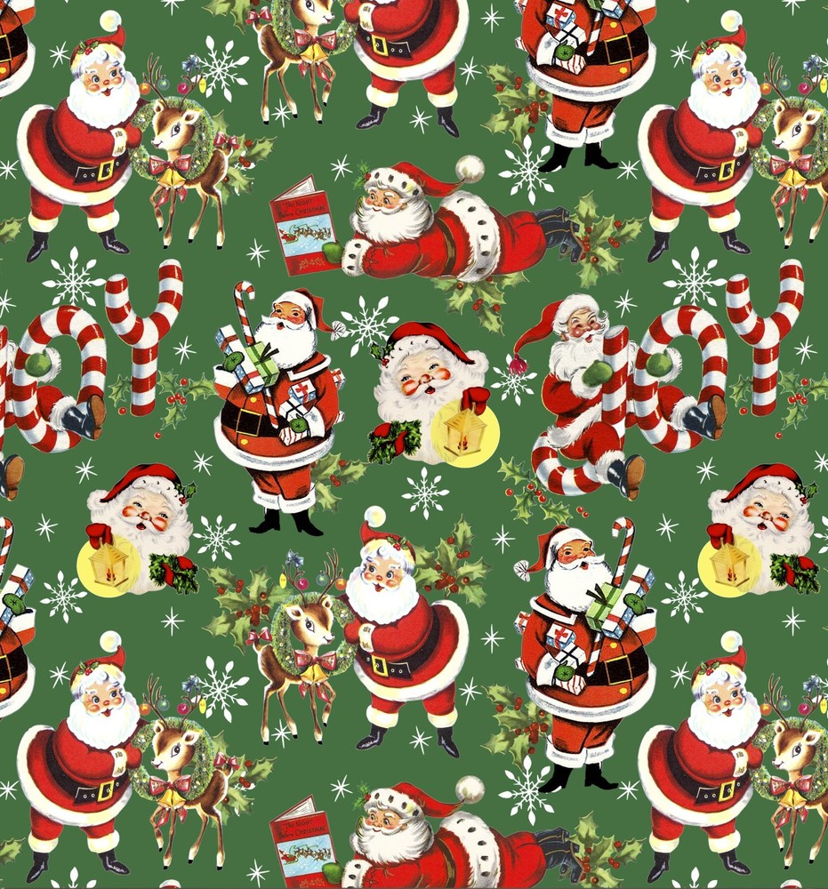 Retro Santa Claus Reindeer Green Christmas Fabric by David Textiles per Yard  
