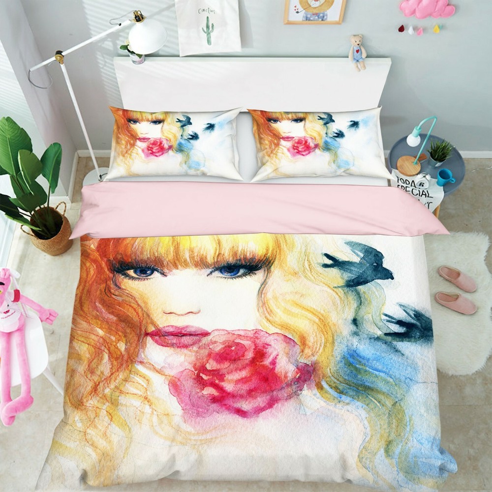 3D Yellow Hair Girl ZHUA201 Bed Pillowcases Quilt Duvet Cover Set Queen King Amy
