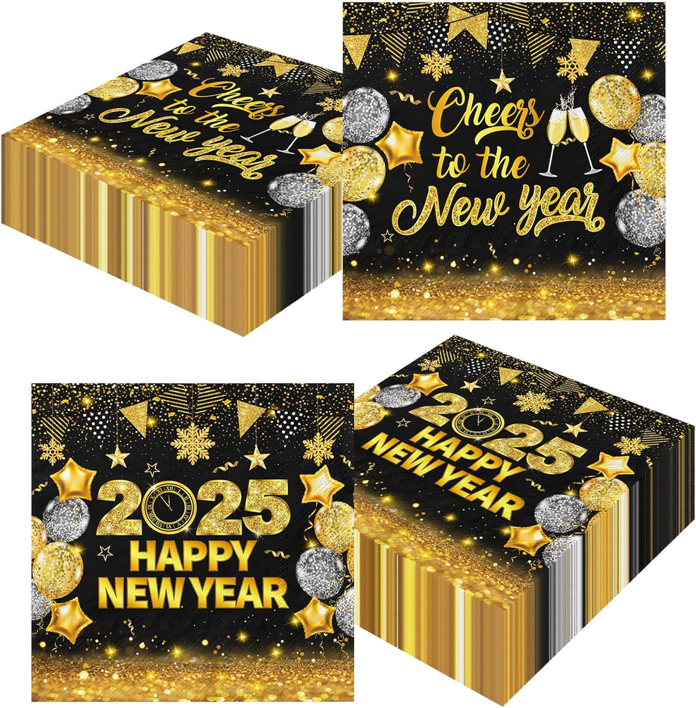 40Pcs New Years Eve Napkins - Happy New Year Decorations 2025 Black Gold New Yea-image