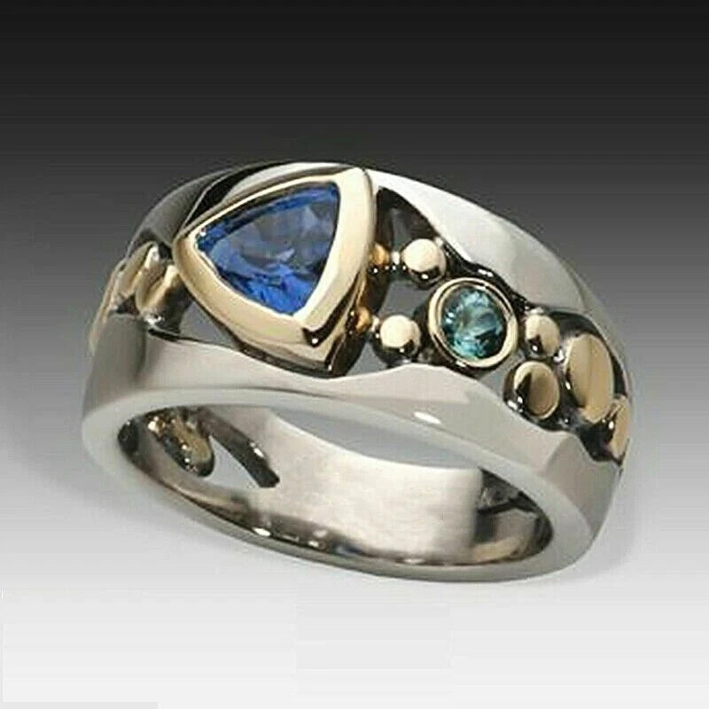 Elegant Two Tone 925 Silver Blue Simulated Sapphire Ring for Women Size 6-10