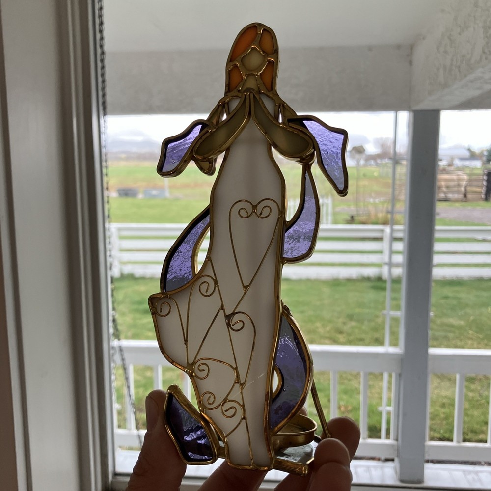 Stained Glass Angel Tealight Holder 8.5 Inch Tall with White Wings and Red Sash