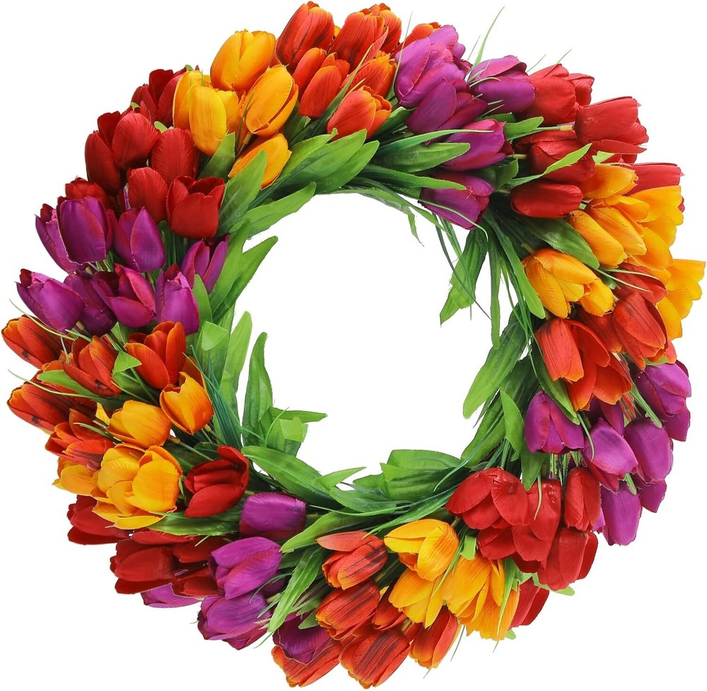 20 Inch Silk Tulip Wreath for Front Door Spring Summer Floral Decor