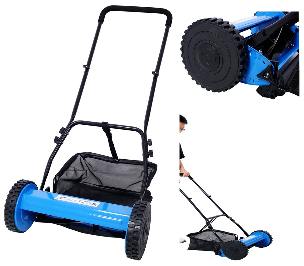 16-Inch Manual Push Reel Lawn Mower with Adjustable Height Blade & Grass Catcher