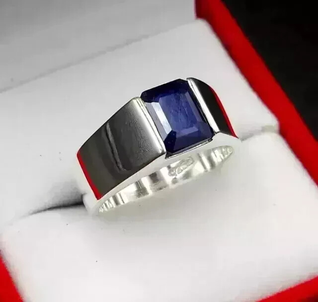14K White Gold Plated 2Ct Emerald Lab Created Blue Sapphire Men's Wedding Ring