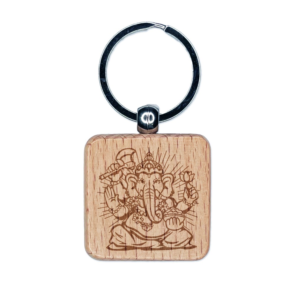 Ganesha Hindu Indian Elephant God Deity Engraved Wood Square Keychain Tag Charm