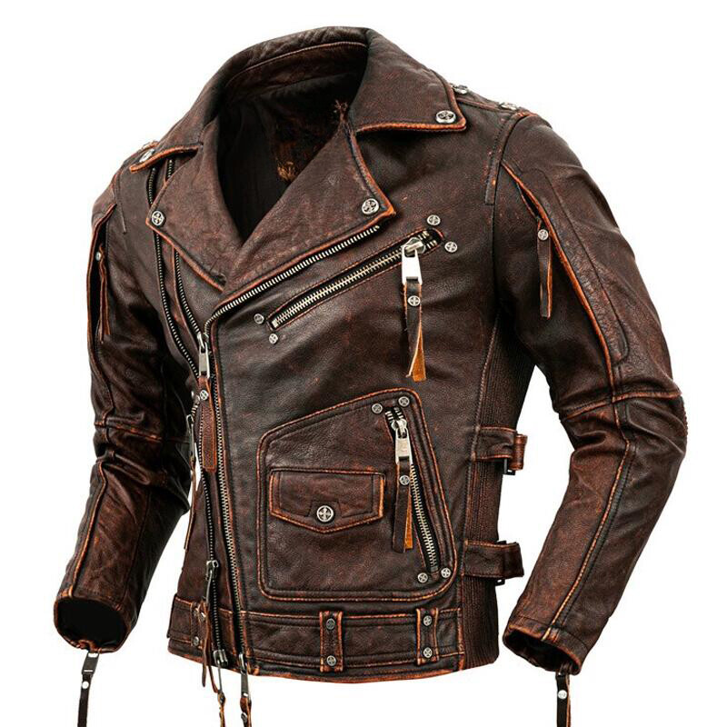 Motorcycle Jacket Cowhide Genuine Leather Men's Slim Jacket Vintage Style Jacket