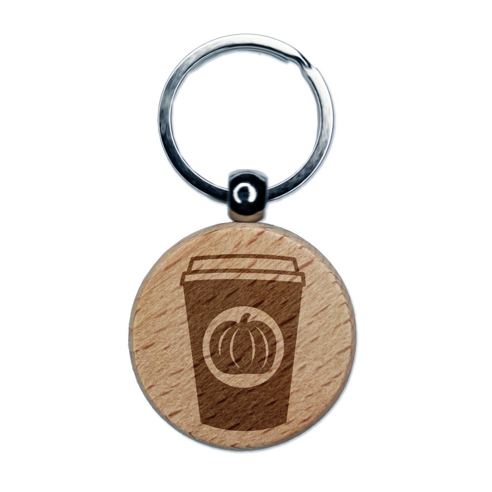Pumpkin Spice Latte Coffee Engraved Wood Round Keychain Tag Charm