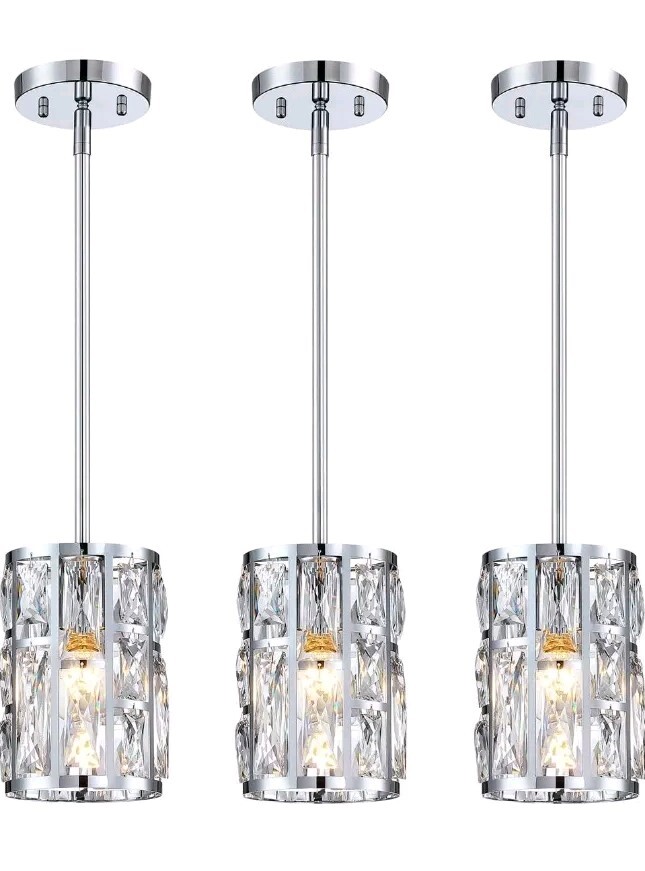 Modern Crystal Pendant Light Fixture 3-Pack Chrome Finish Hanging Lighting...