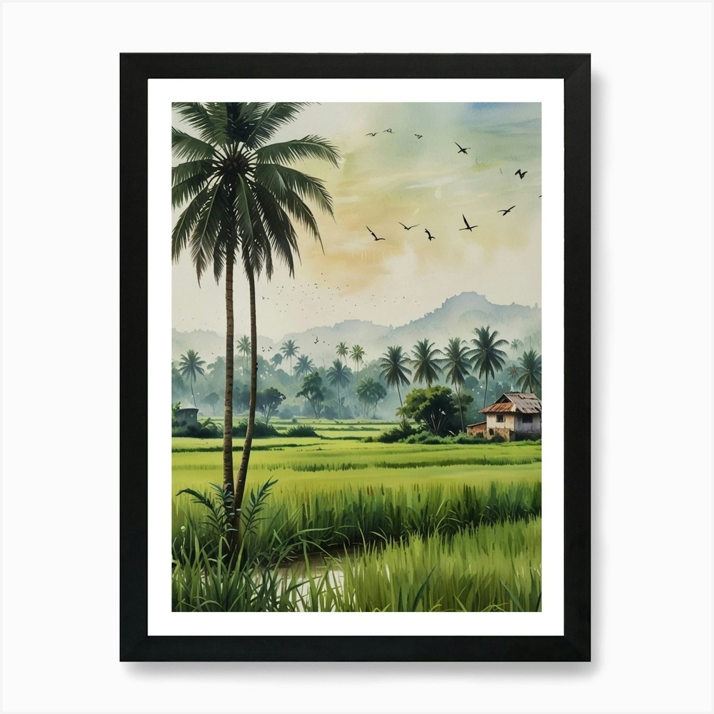 Rice Field Palm Trees Framed Wall Art Canvas Print Poster