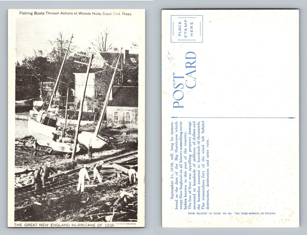 Vintage 1938 Hurricane Postcard - Woods Hole MA Fishing Boats Ashore