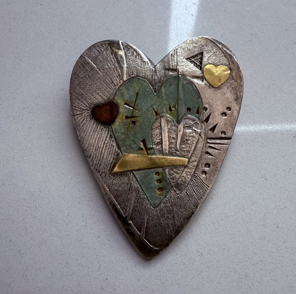 Vintage 2002 Mary Rogers Amulet Heart Brooch 22k, Fine Silver, Copper 17.09 G