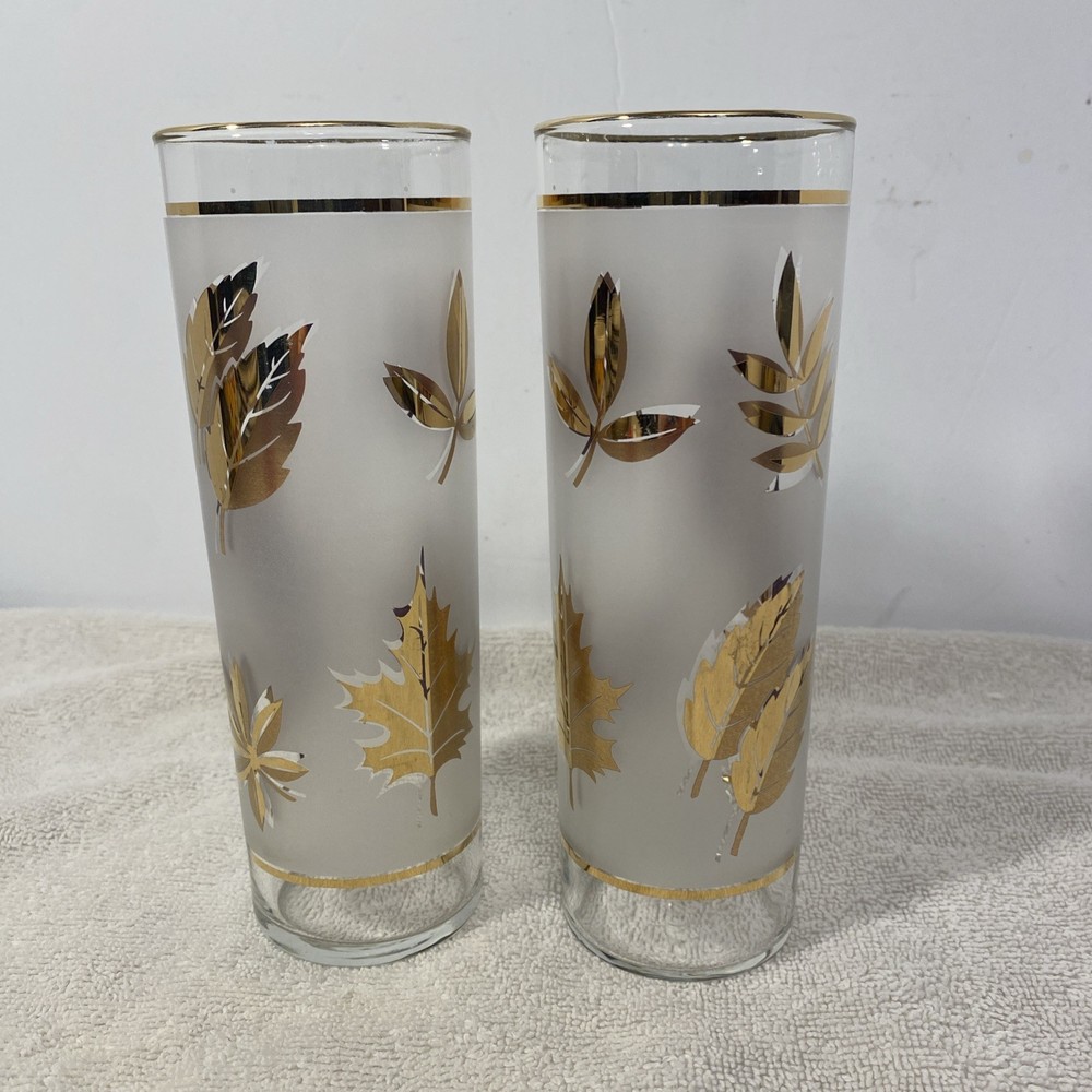 Vintage Libbey Tom Collins Gold Leaf Frosted 7-Inch Highball Cocktail Glasses Set of 2