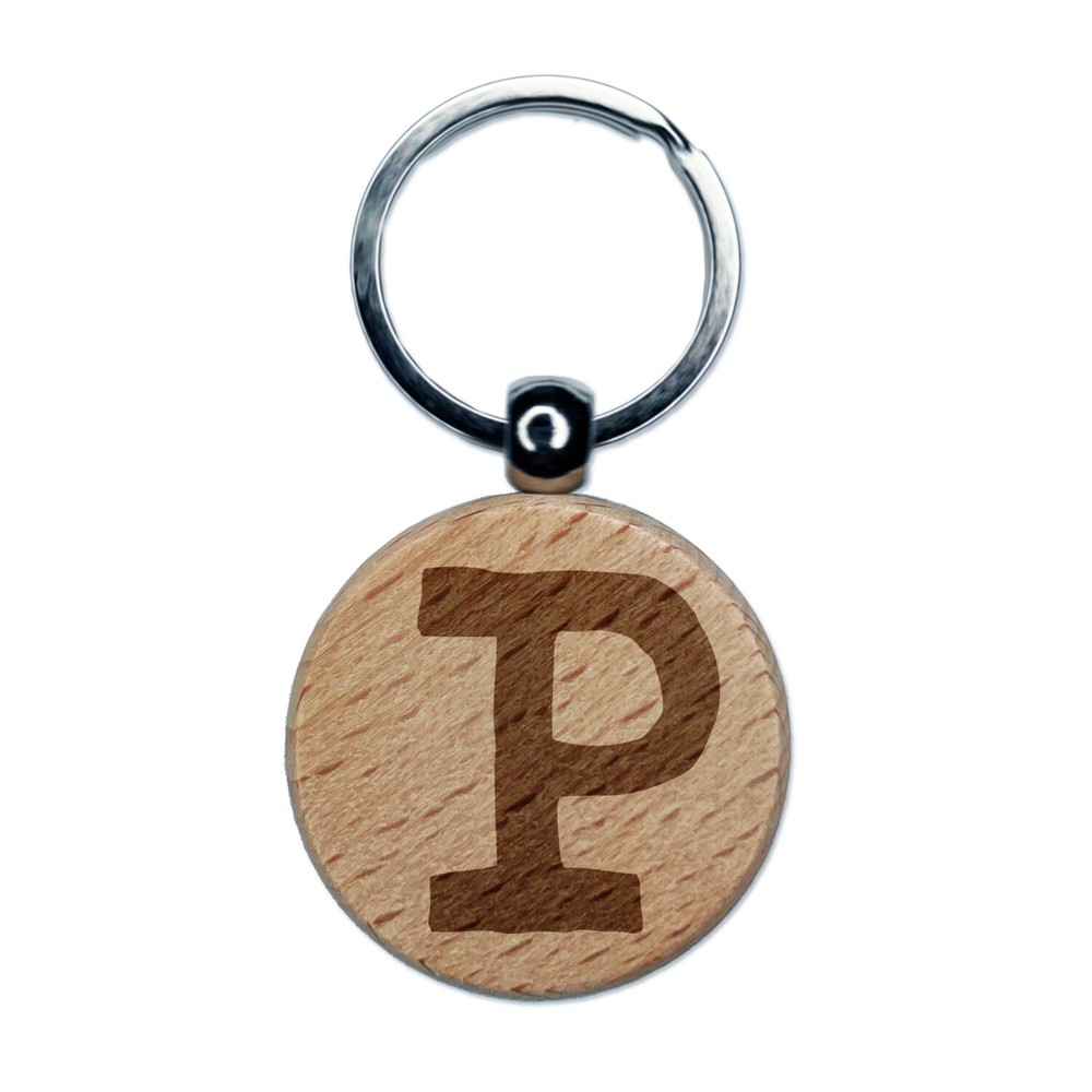 Letter P Uppercase Cute Typewriter Font Engraved Wood Round Keychain Tag Charm