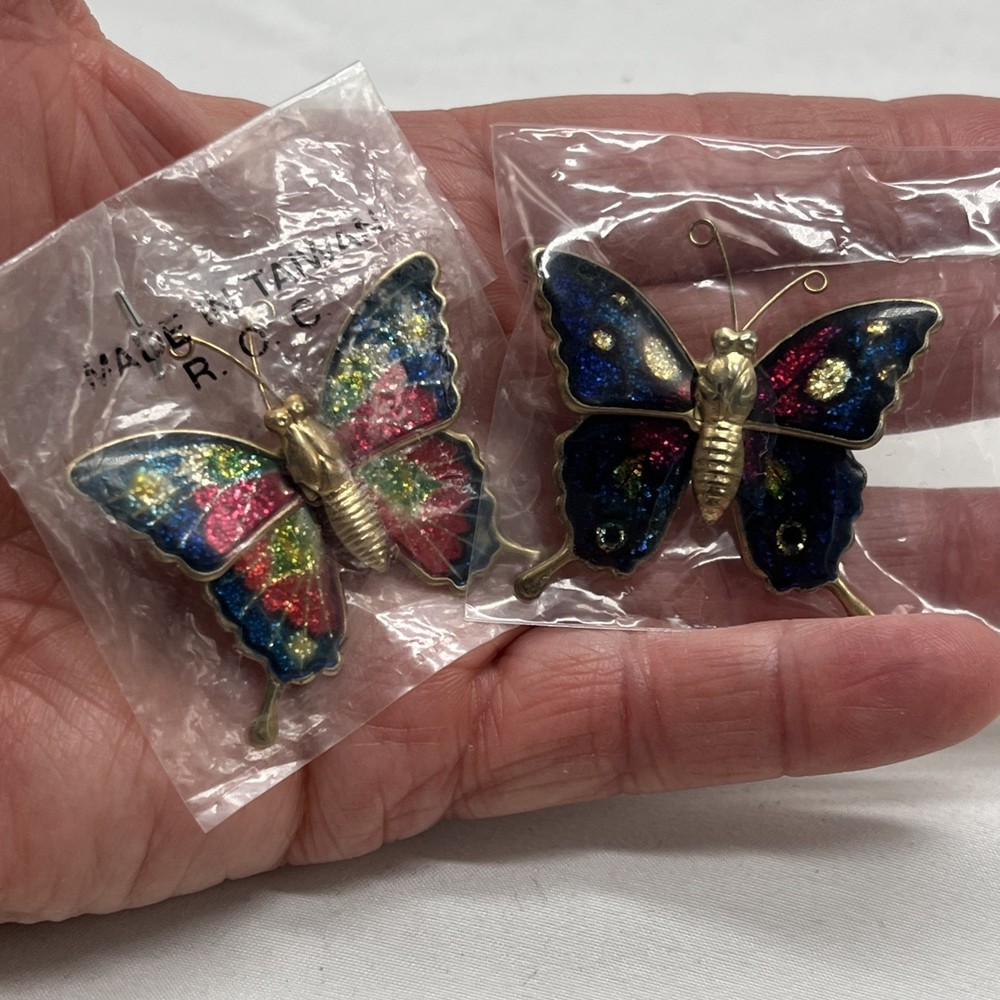 Two Vintage Made In Taiwan Glittery Butterfly Pins