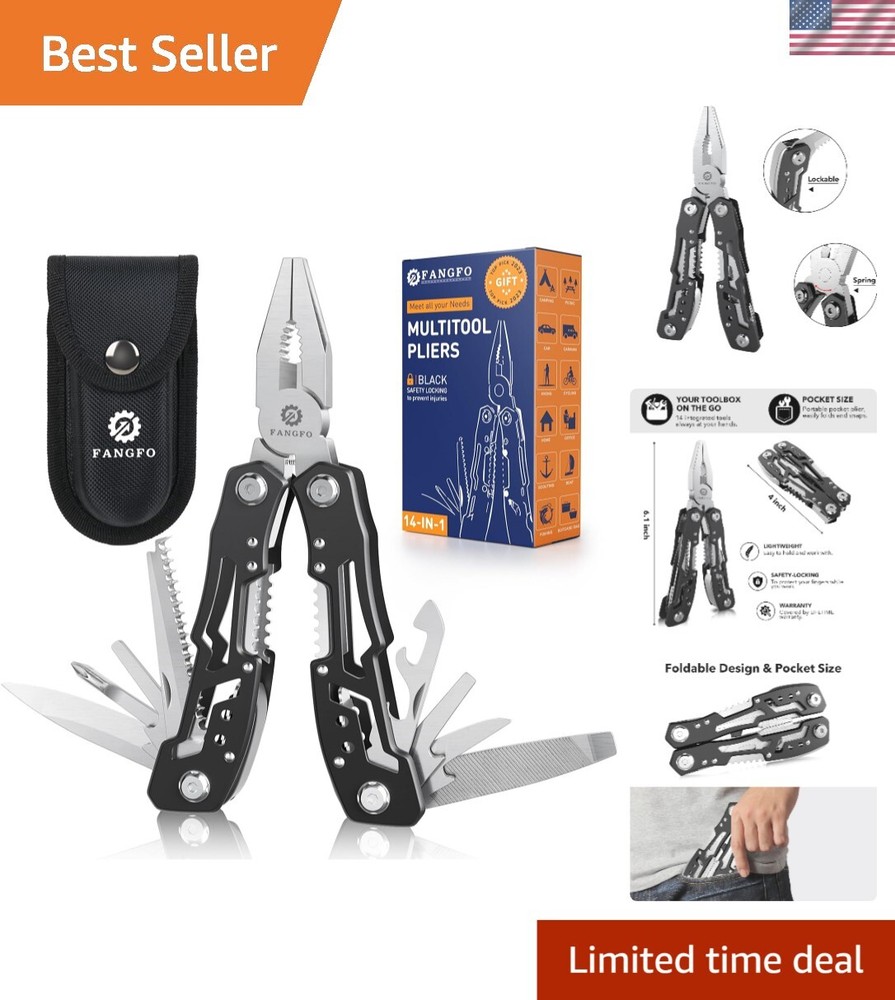 14-in-1 Stainless Steel Multitool with Safety Lock and Compact Nylon Sheath for Camping Hiking Survival  