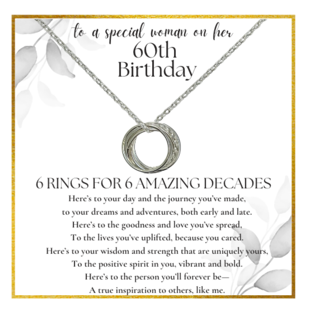 Sterling Silver 60th Birthday Necklace for Women 6 Rings 6 Decades