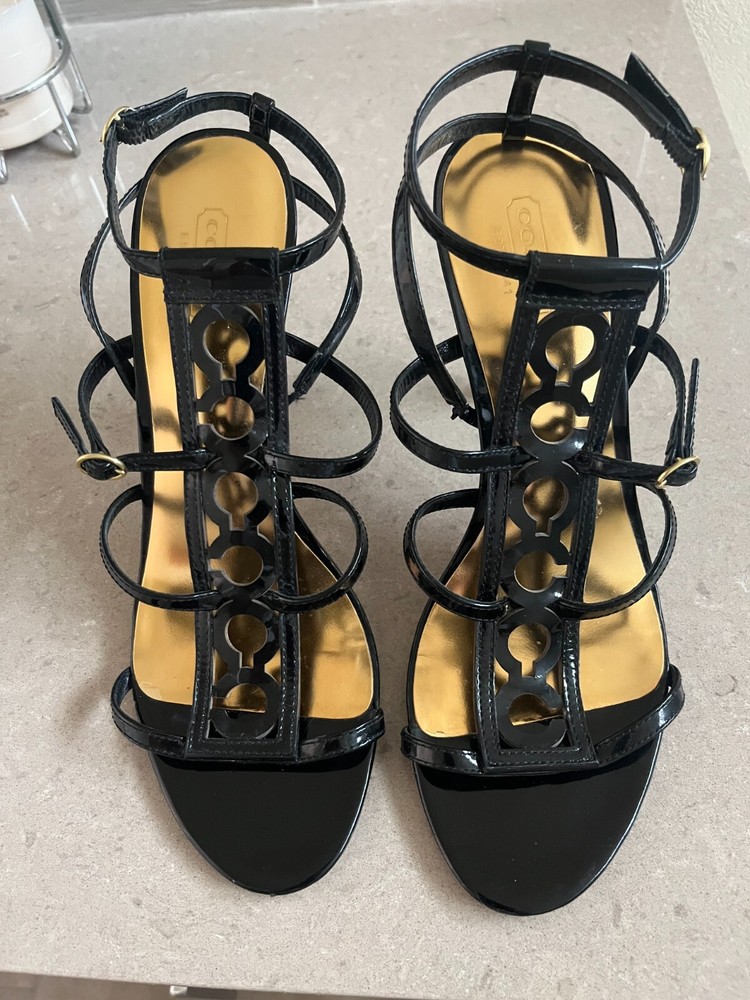 Coach Farrow Black Patent Logo High Heel Sandals Women's Size 8.5B
