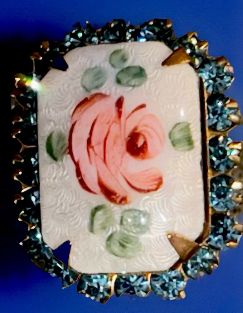 VTG 40s White Guilloche Pink Rose Enamel Brooch+Blue Rhinestone Border 1”L