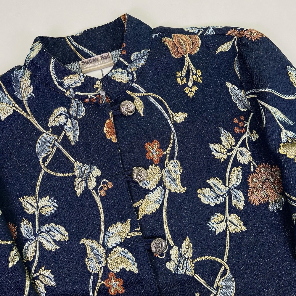 Vintage Floral Blue Brocade Jacket Women’s L Tapestry Blazer Top Asian Style