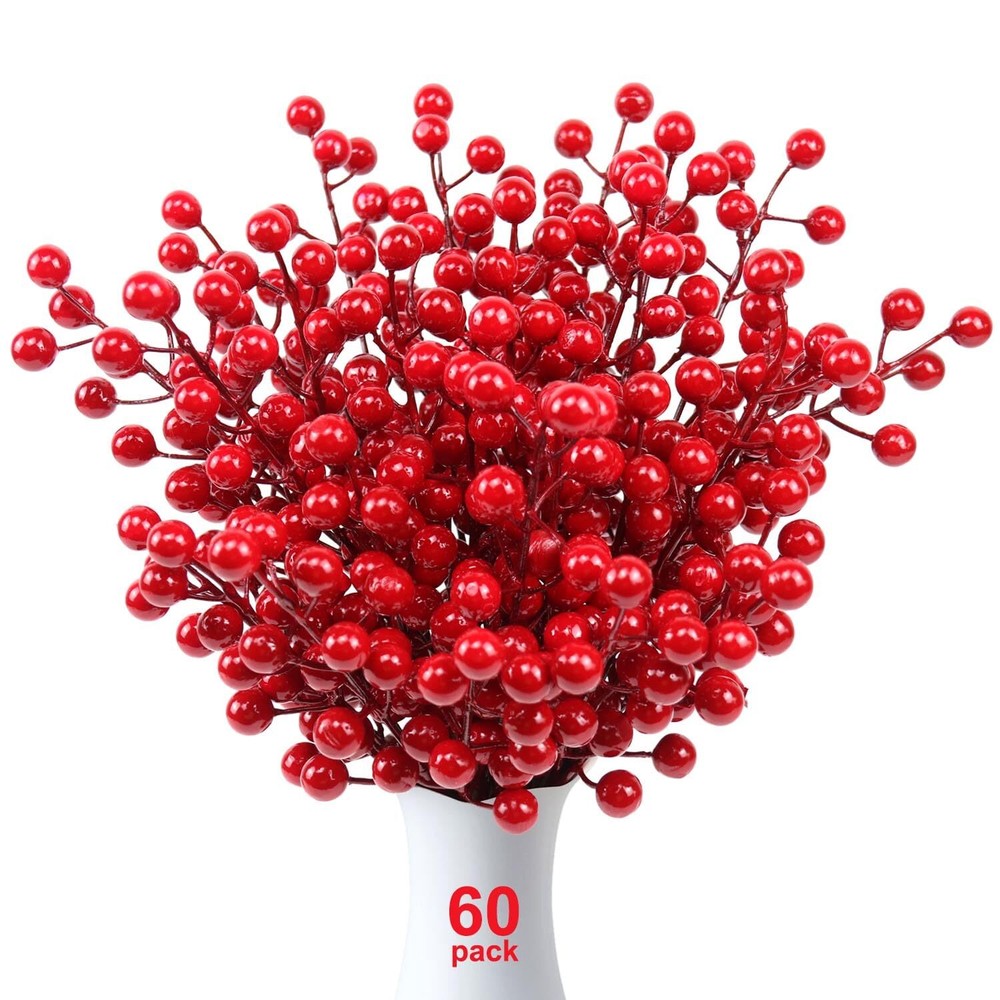 Mklsit 60 Pack Artificial Red Holly Berries, 8.2 Inch Christmas Berry Picks R...