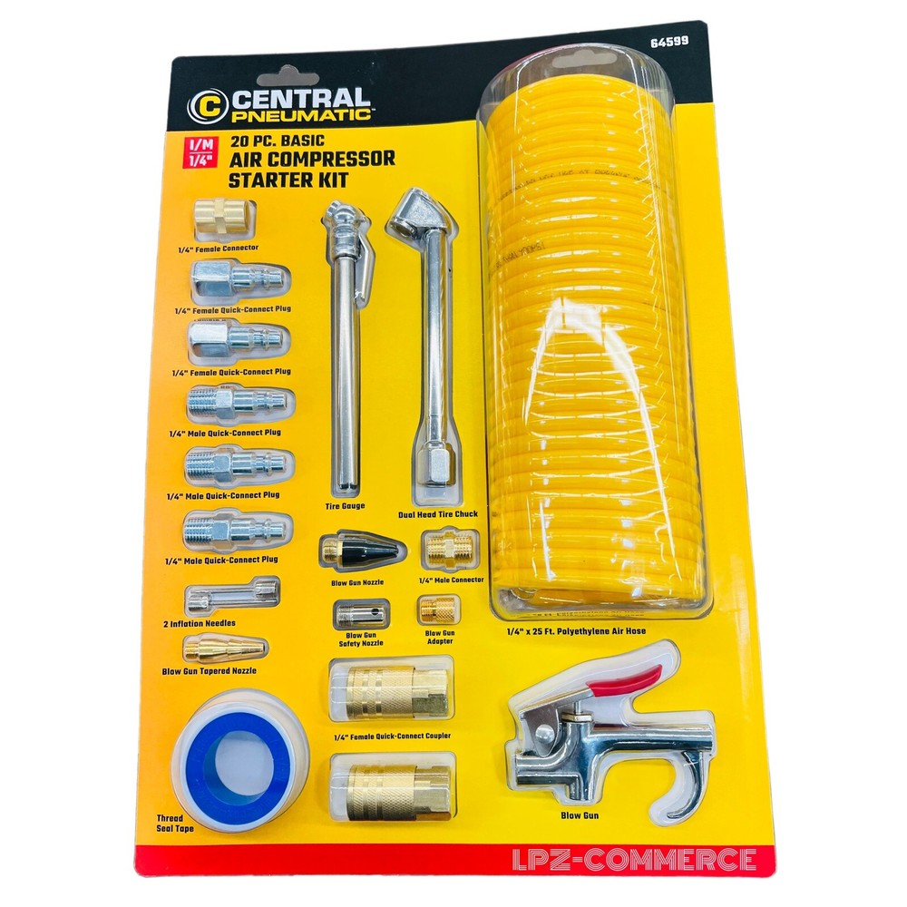 Central Pneumatic 20-Piece Air Compressor Starter Kit w/ Hose, Blow Gun