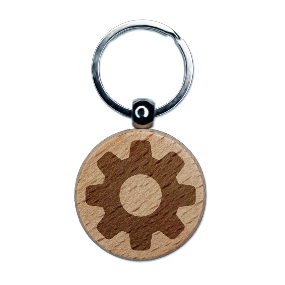 Gear Solid Engraved Wood Round Keychain Tag Charm