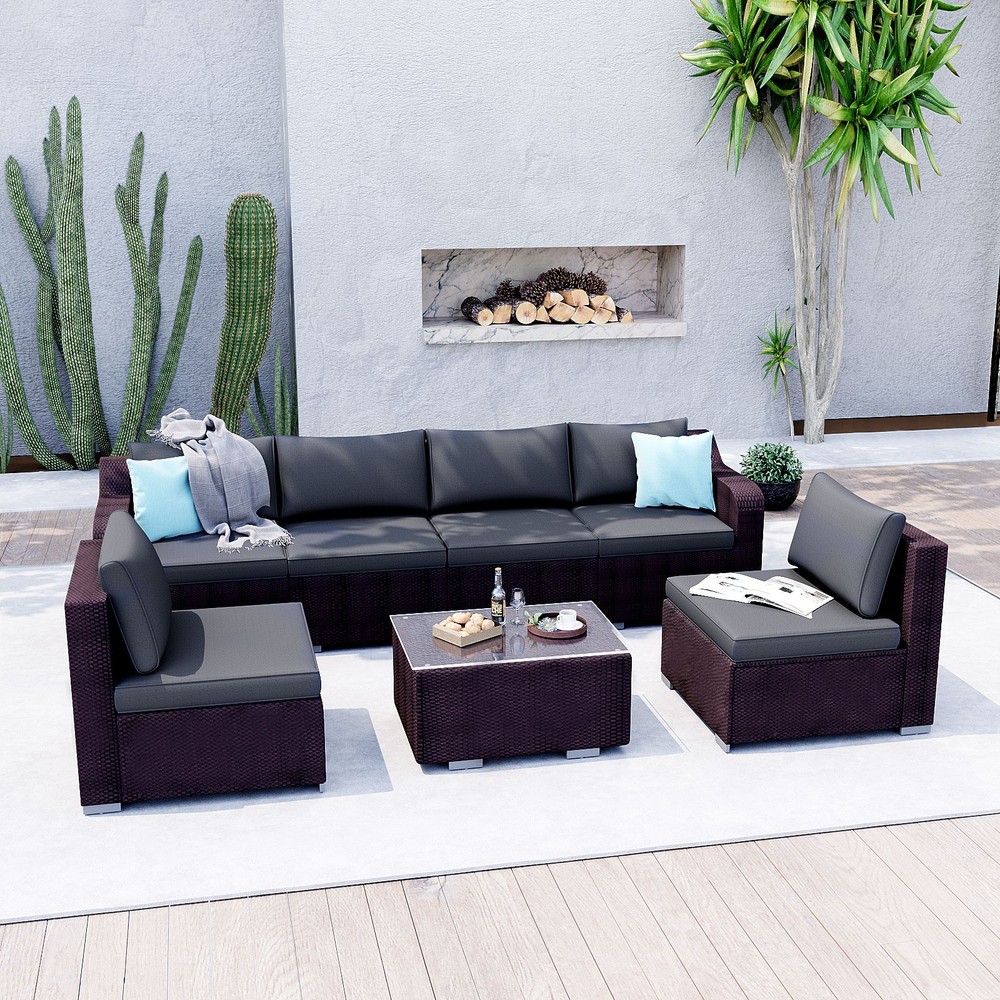 7 Piece Patio Furniture Set, Outdoor Couch Set—w Water Resistant Thick Cushions