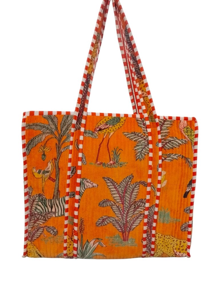 Indian Velvet Quilted Handmade Tote Bag with Long Strap for Women