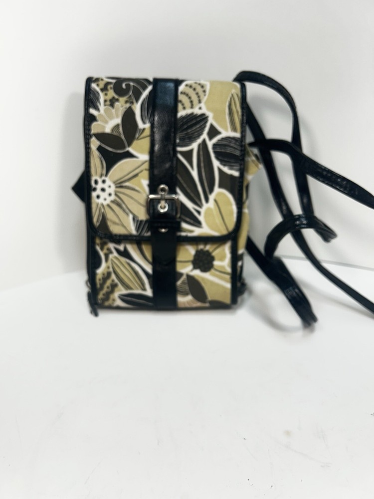 Small Multiple Compartments Floral Cross Body Bag Black & Green Organizer 7”X5”