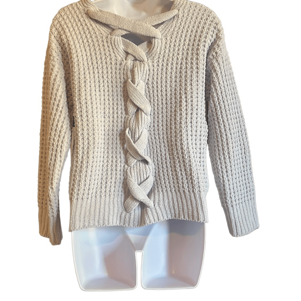 Moral Fiber Womens Large Blue Chunky Knit Lace Up Back Cropped V Neck Sweater