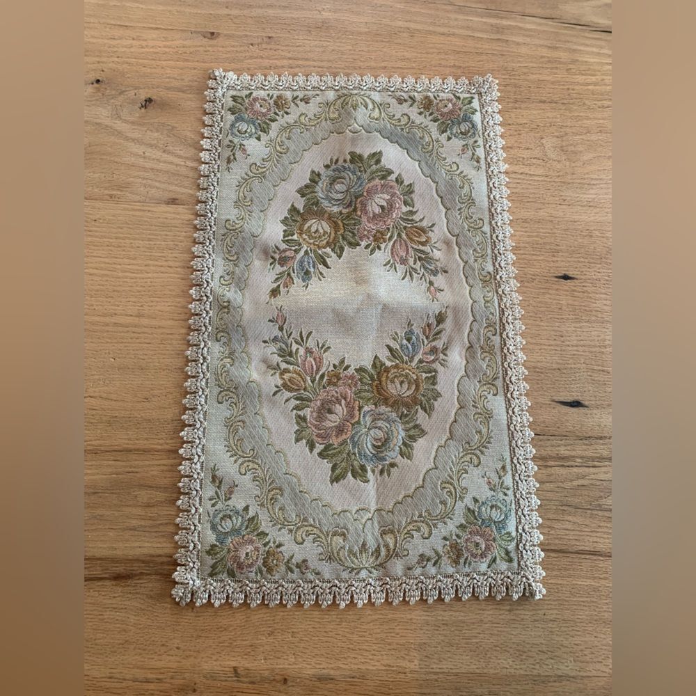 Vintage Victorian Embroidered Table Runner Pink Green Ivory Res Backing Lace Pre