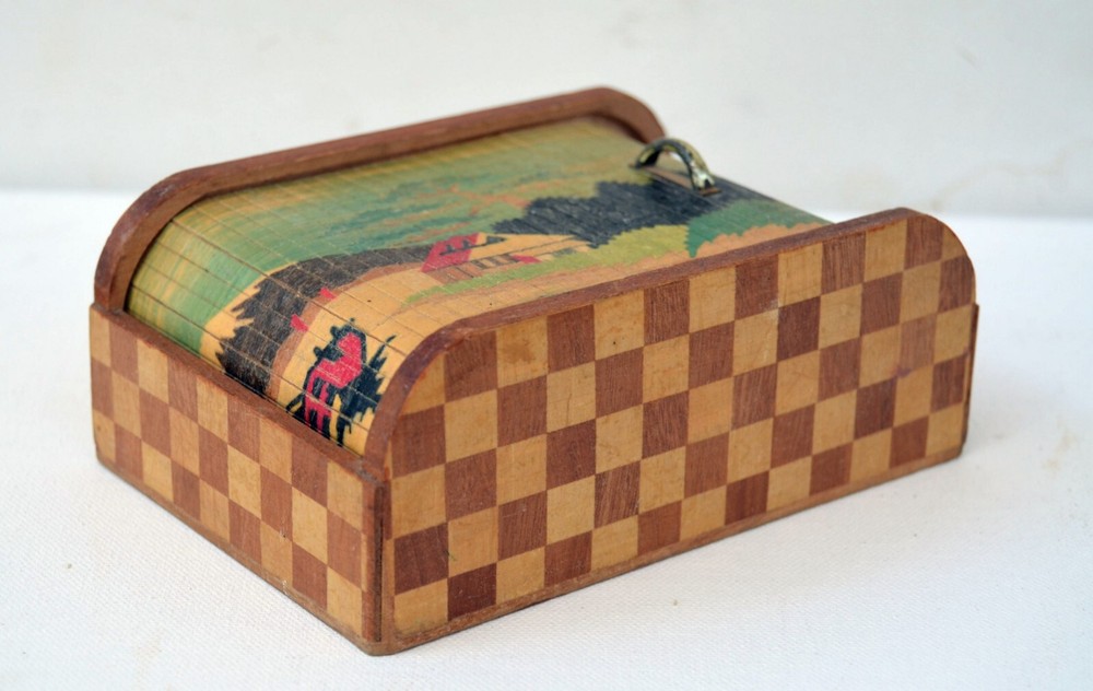 Mid Century Wooden Roll Top Jewelry Box / Cigarette Hand Painted