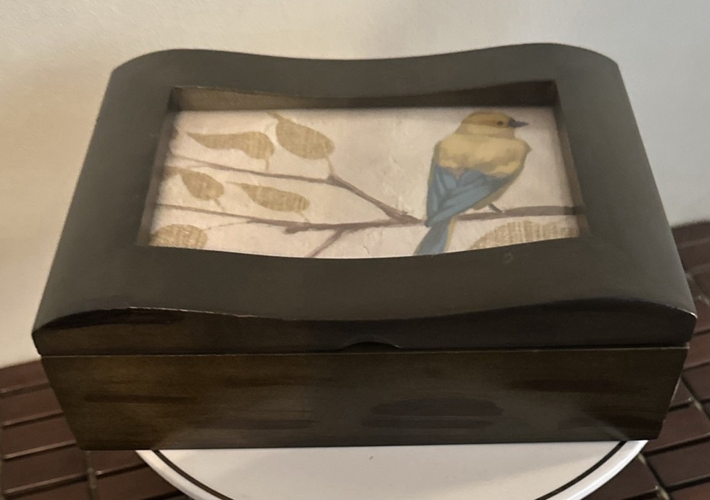 Vintage 2D Mahogany Wood Jewelry Valet Box with Photo Frame  