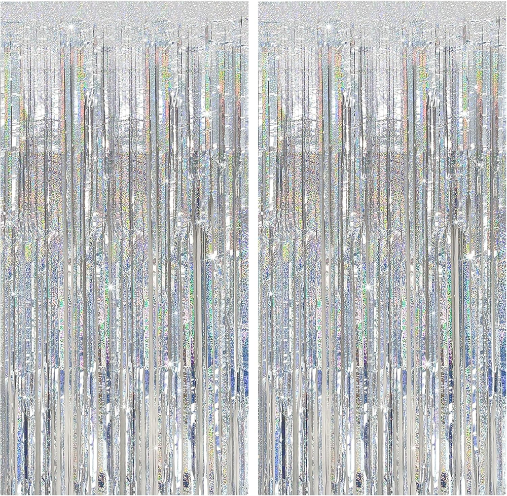 Sparkling Silver Tinsel Curtain Backdrop for Party Decor 2-Pack Glitter Foil